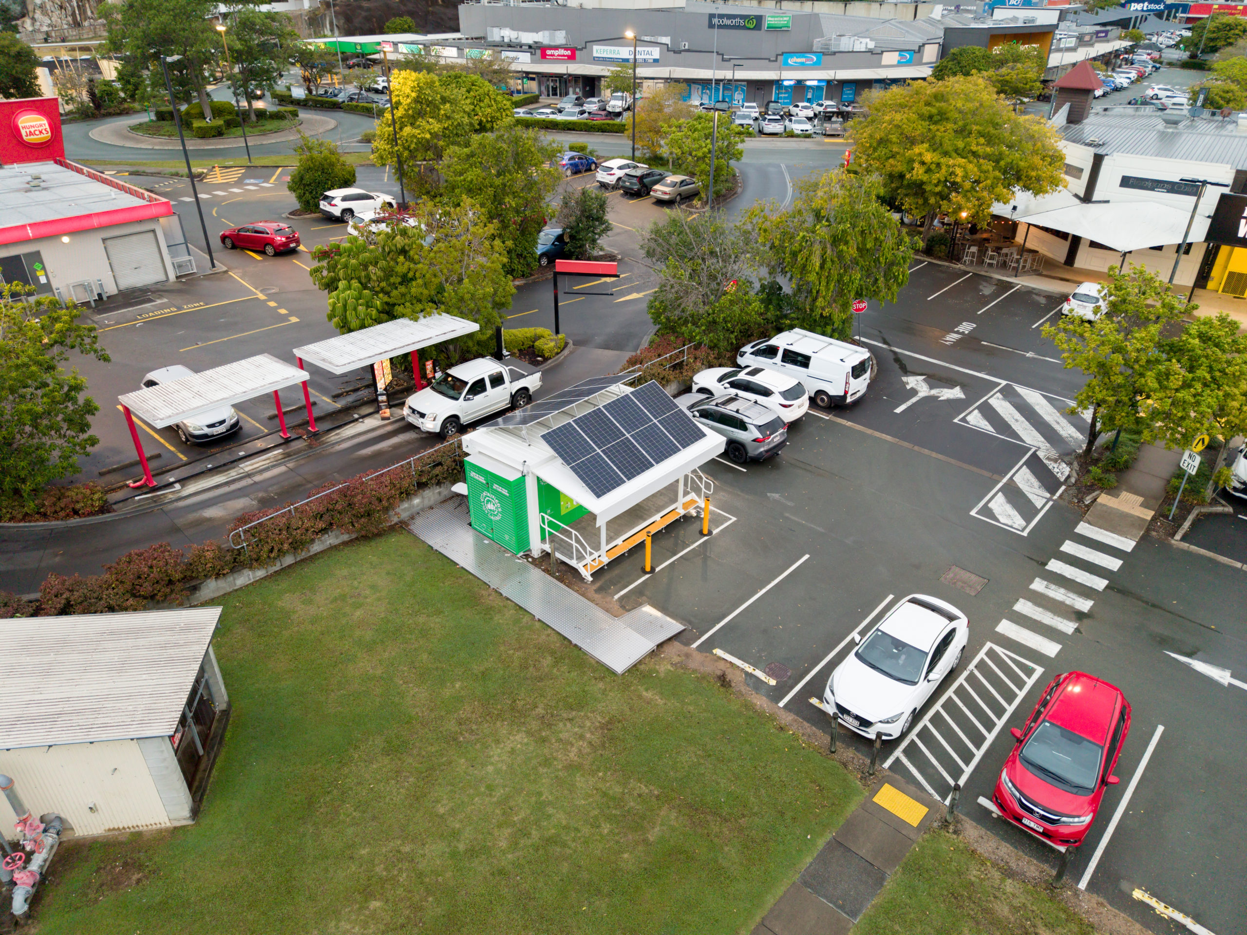 A drone photo of the solar panels on a Containers for Change RVM in Keperra.