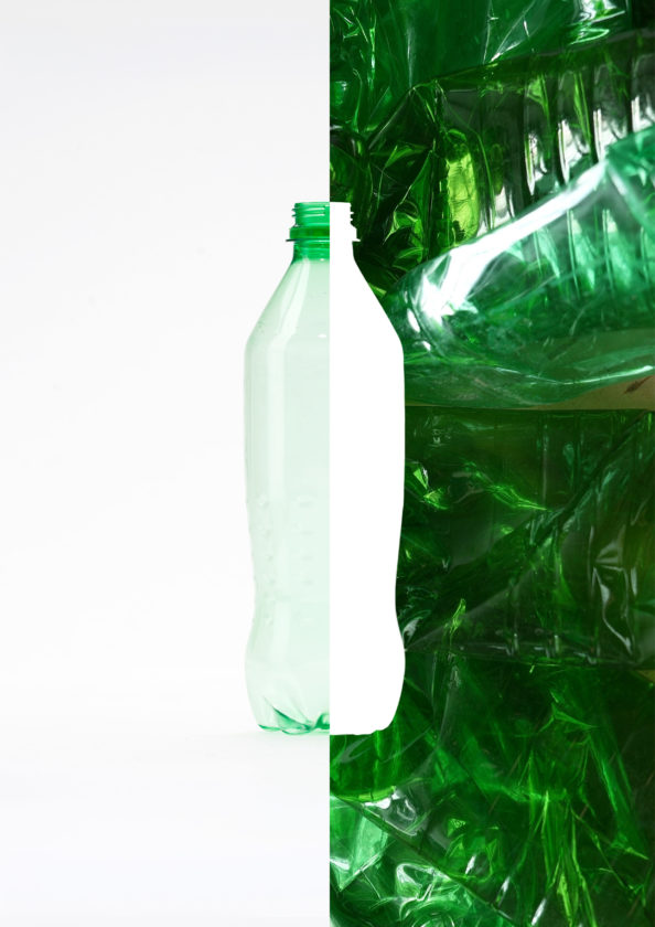 Green plastic drink bottle alongside compressed coloured PET plastic, illustrating the coloured PET recycling process.