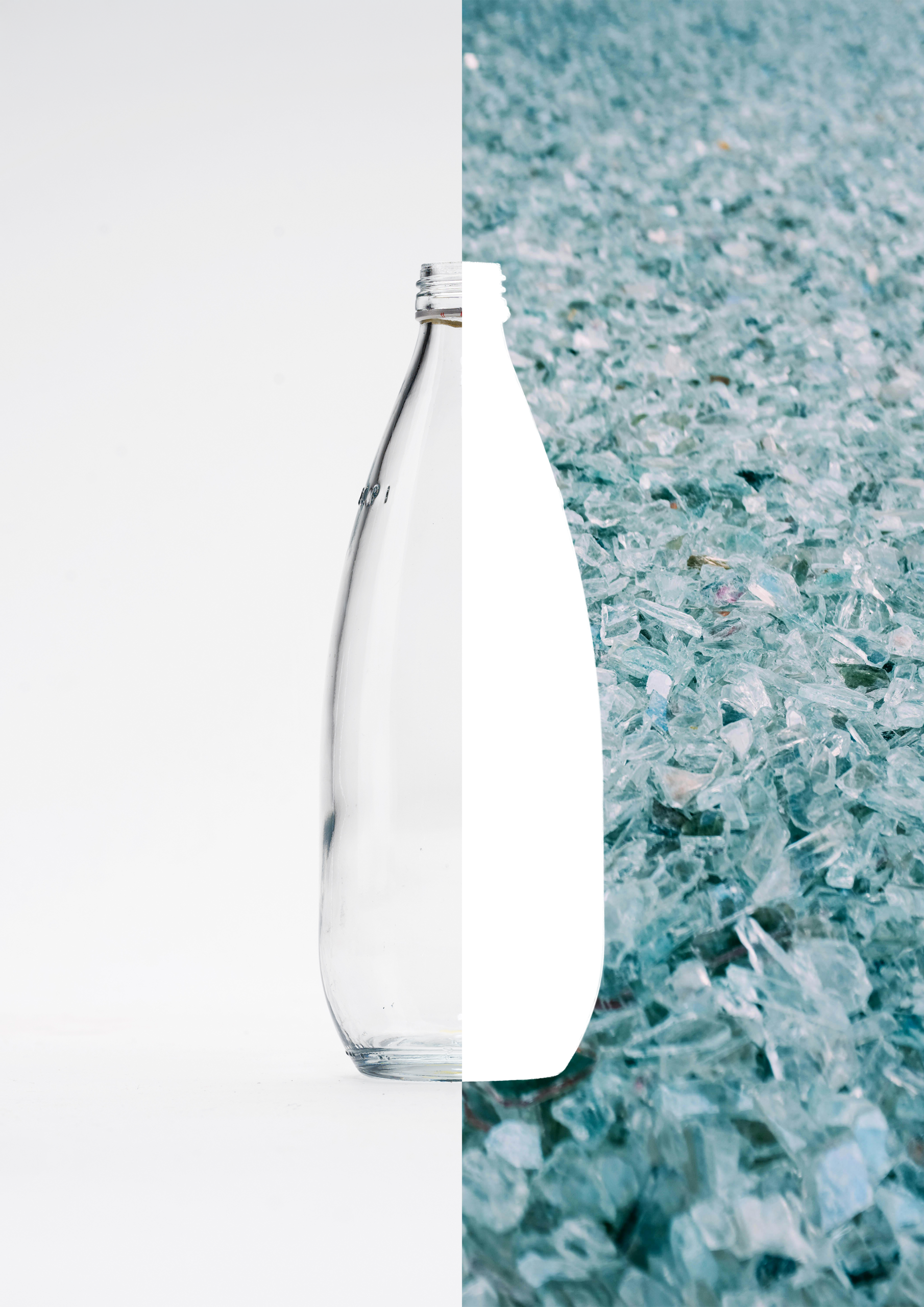 Glass bottle shown alongside crushed recycled glass, illustrating the glass recycling process.